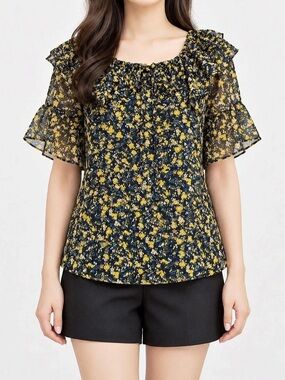 Floral Ruffle Sleeve Blouse in Black & Yellow Like New